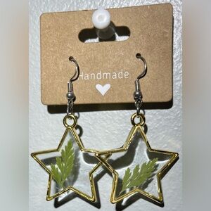 Star Shaped Handmade Earrings with Green Leaf Design